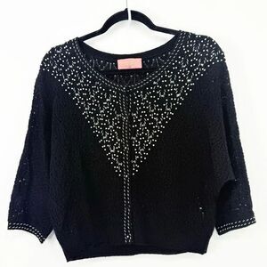 Manoush Black Knit Pearl Seed Beaded Lightweight Holiday Cardigan Sweater